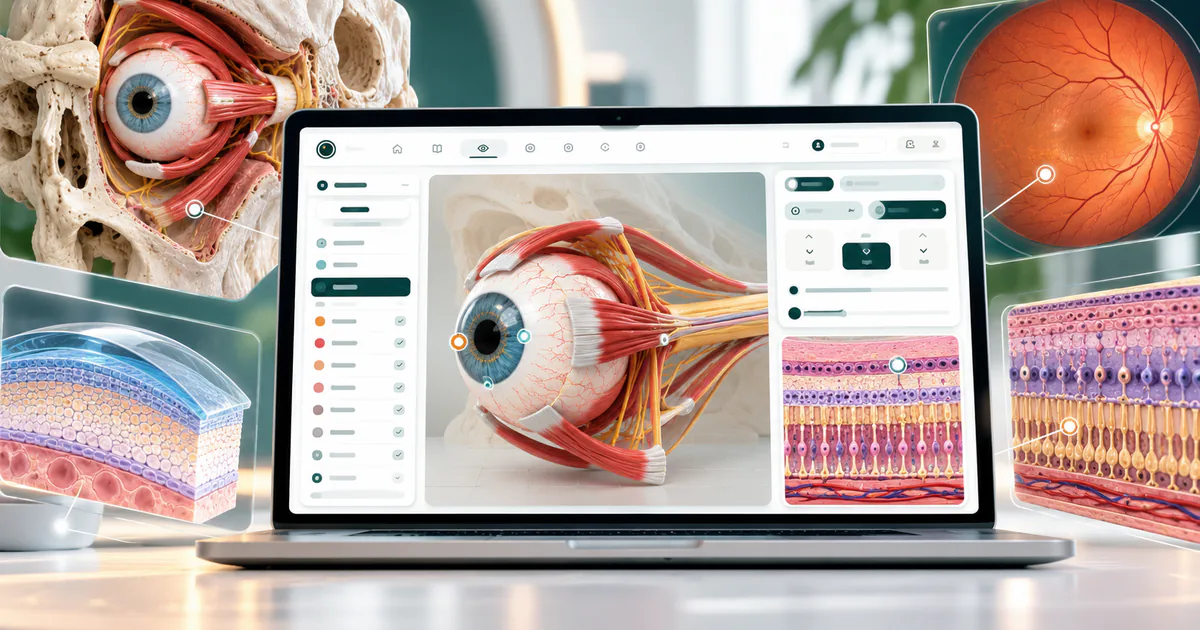 Pupilla 3D eye anatomy simulator on a laptop: a whole eyeball with extraocular muscles beside layered retina and cornea sections