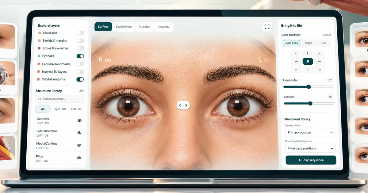استوديو Pupilla ثلاثي الأبعاد للعينين يعرض عيني مريض افتراضي مع عناصر تحكم الطبقات واتجاه النظر