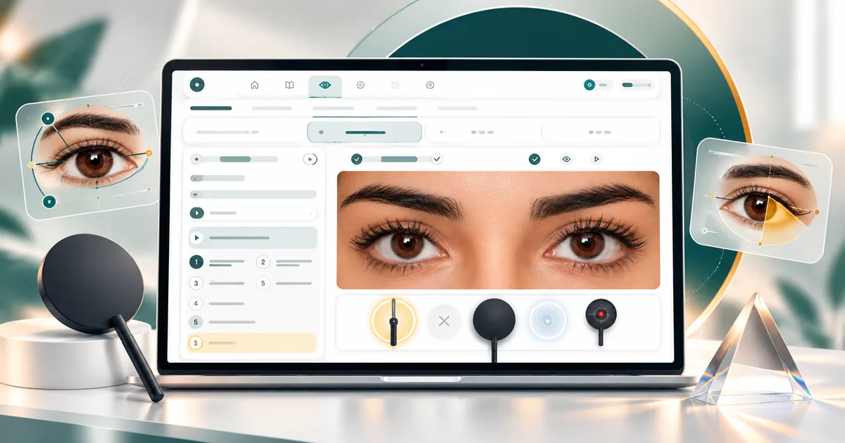 Pupilla eye exam simulator on a laptop: a virtual patient’s eyes with a penlight, cover paddle and examination tools