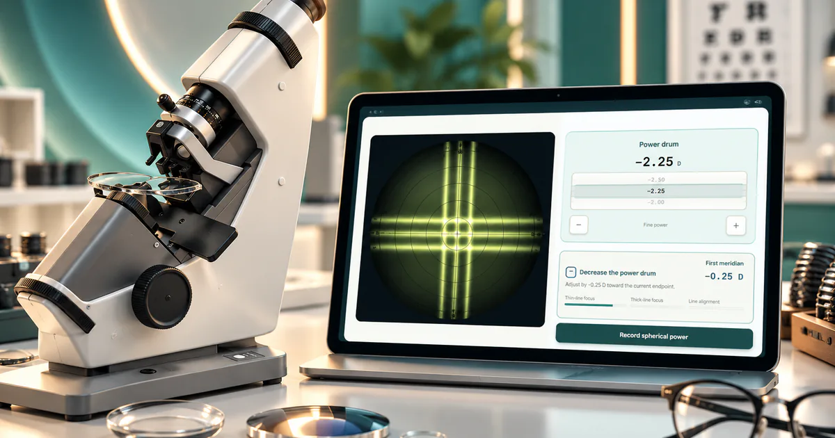 Pupilla lensometer simulator: a manual lensometer next to a screen showing the American Cross focus mires