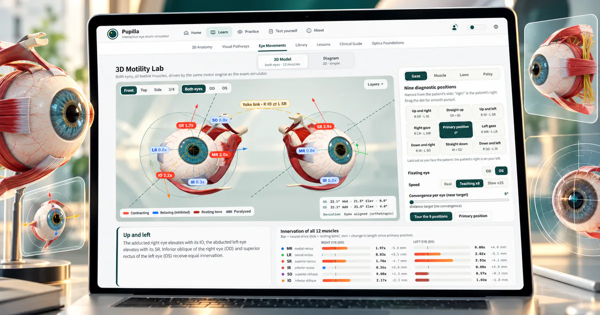 Pupilla 3D motility lab: two eyeballs with all twelve extraocular muscles and gaze position controls