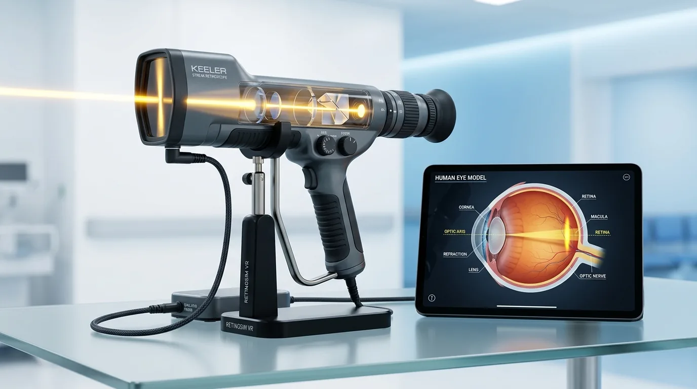 Pupilla 3D streak retinoscope: the instrument head with its patient window and control ring labelled in English and Arabic